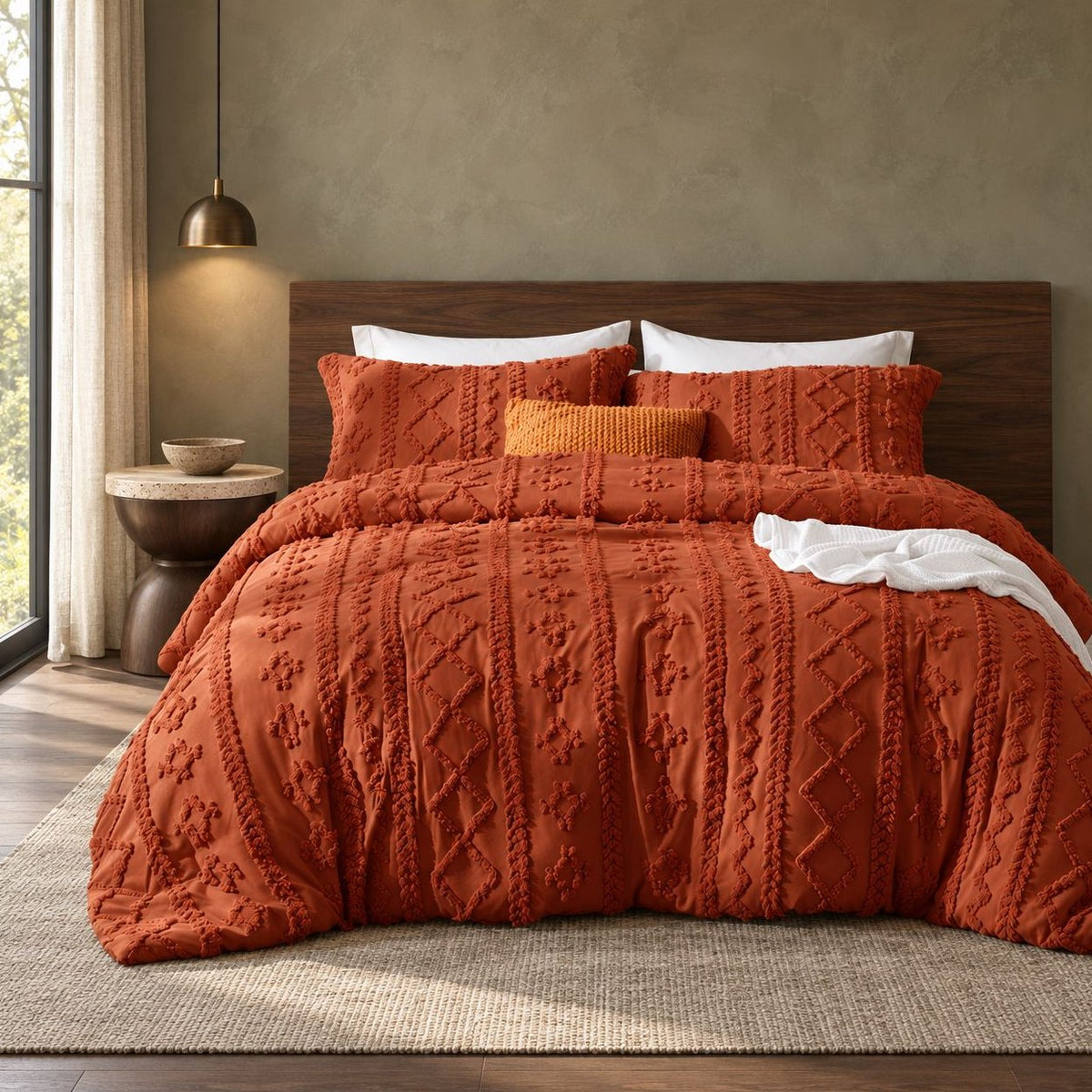 Caramel tufted comforter set on a bed