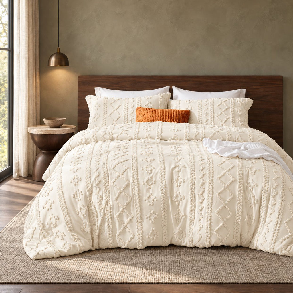 Ivory tufted comforter set on a bed