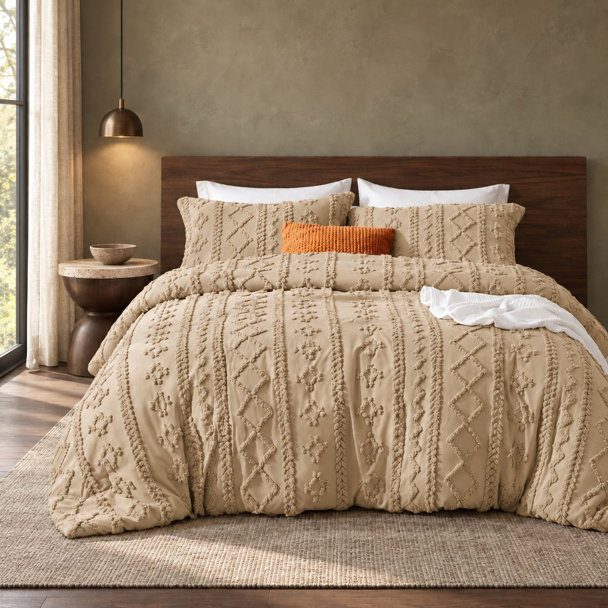 Khaki tufted comforter set on a bed