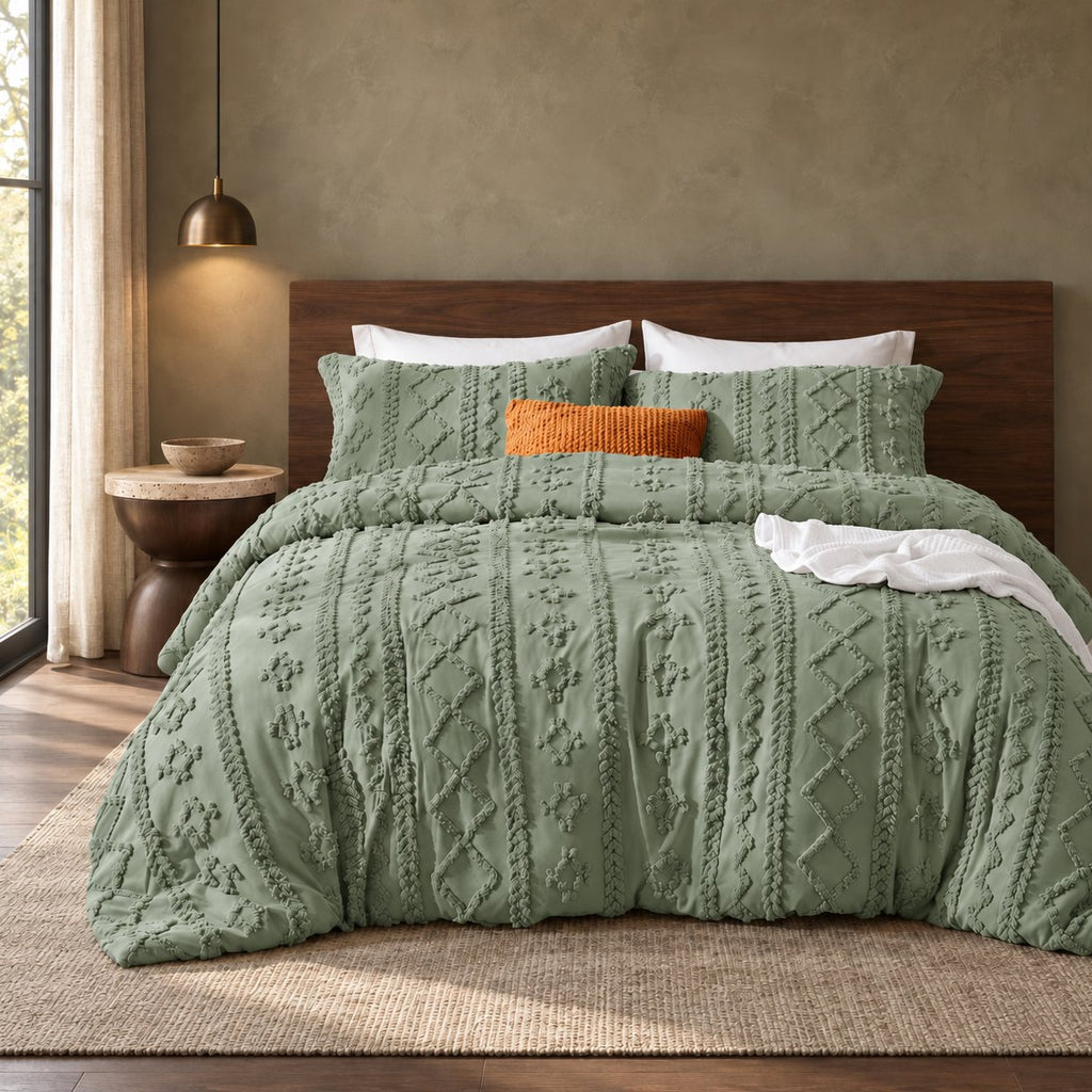 Sage Green tufted comforter set on a bed