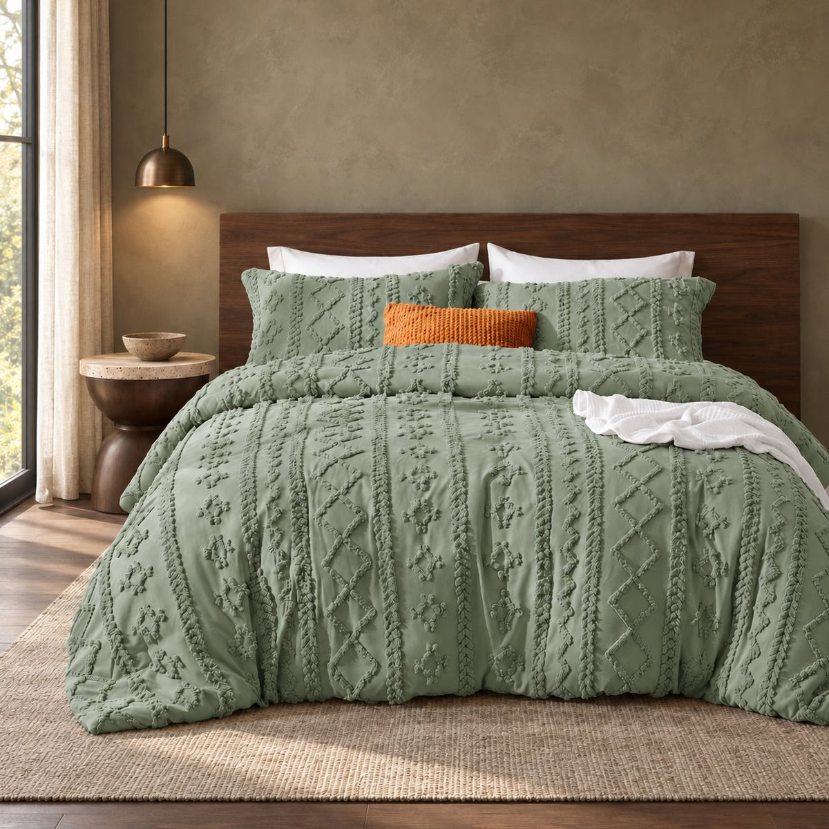Sage Green tufted comforter set on a bed